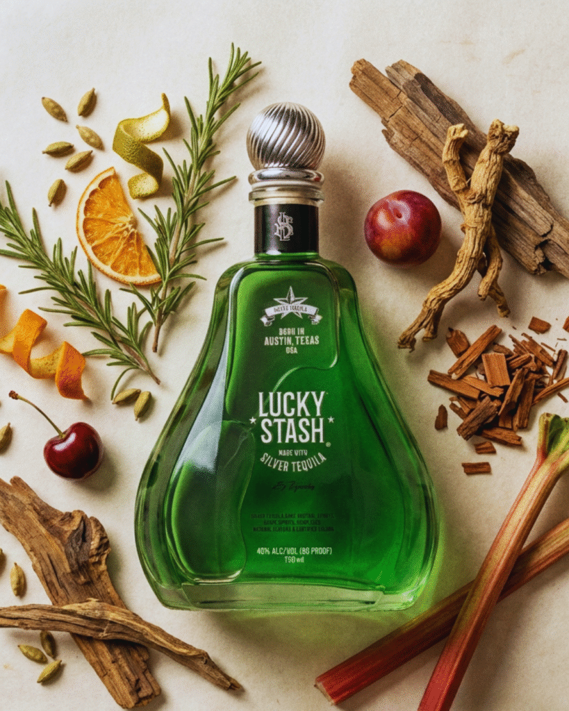 Lucky Stash botanical tequila bottle surrounded by 27 botanicals