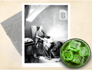 Editorial collage by Lucky Stash tequila blending Mexican heritage, historical imagery, and a green botanical cocktail, symbolizing legacy, craft, and cultural depth.