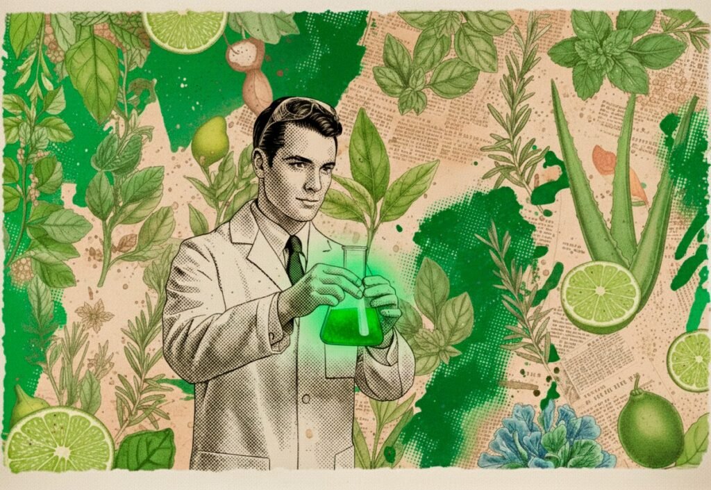 Illustration of a vintage-style botanist in a lab coat holding a flask filled with glowing green liquid, surrounded by herbs, leaves, limes, and aloe, representing the botanical maceration process that gives tequila its natural green color.