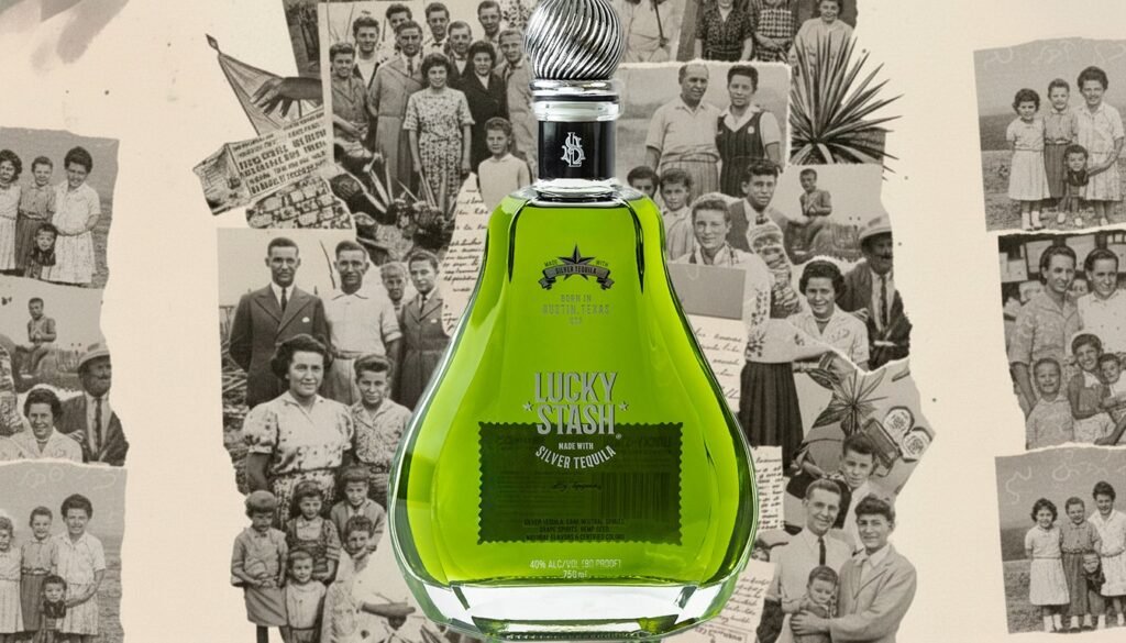 Vintage collage featuring a bright green Lucky Stash Silver Tequila bottle at the center, surrounded by old family photographs, handwritten letters, and agave imagery, symbolizing a multi-generation family legacy rooted in long-standing tequila craftsmanship.