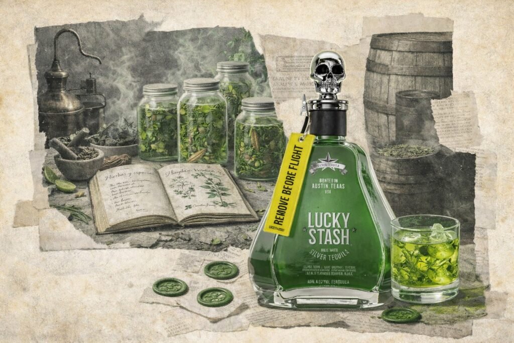 Lucky Stash Silver Tequila surrounded by fresh botanicals jars used for maceration, and vintage tools, illustrating the inspiration of the botanical maceration process behind the spirit.