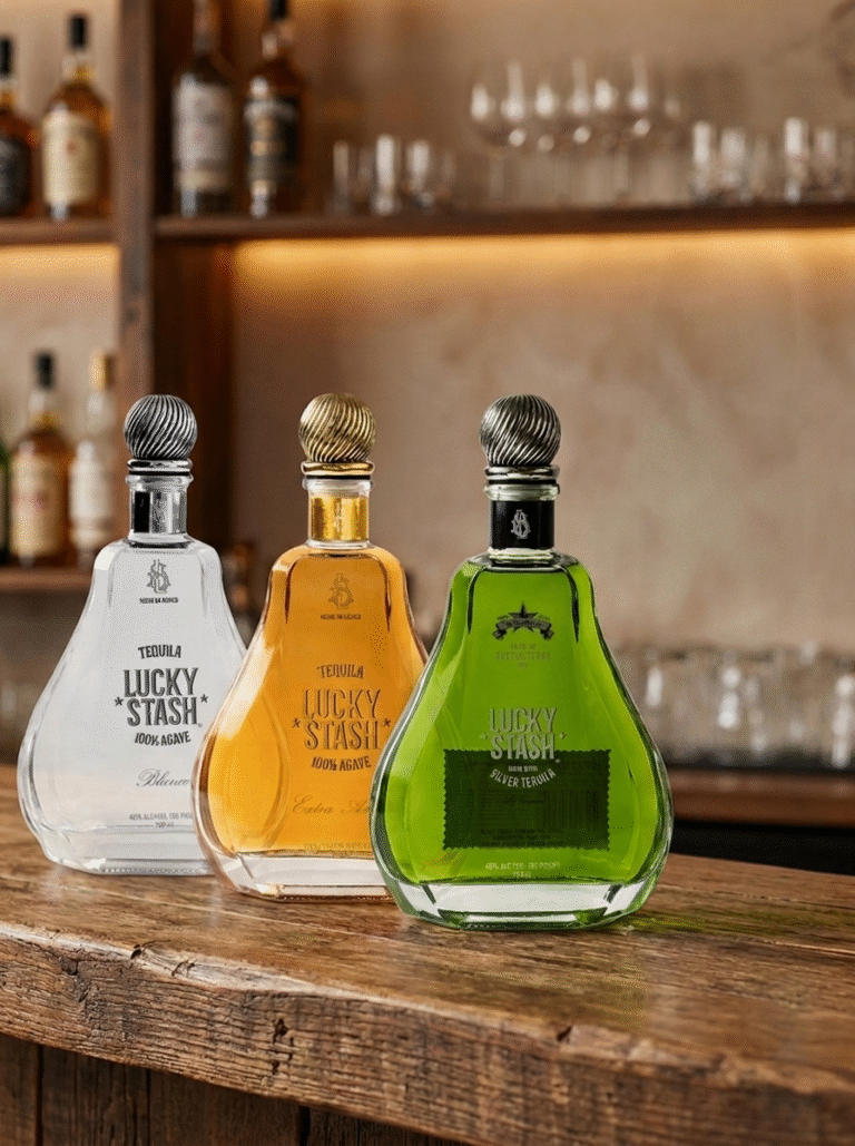 Lucky Stash Blanco, Botanical, and Extra Añejo tequila bottle lineup